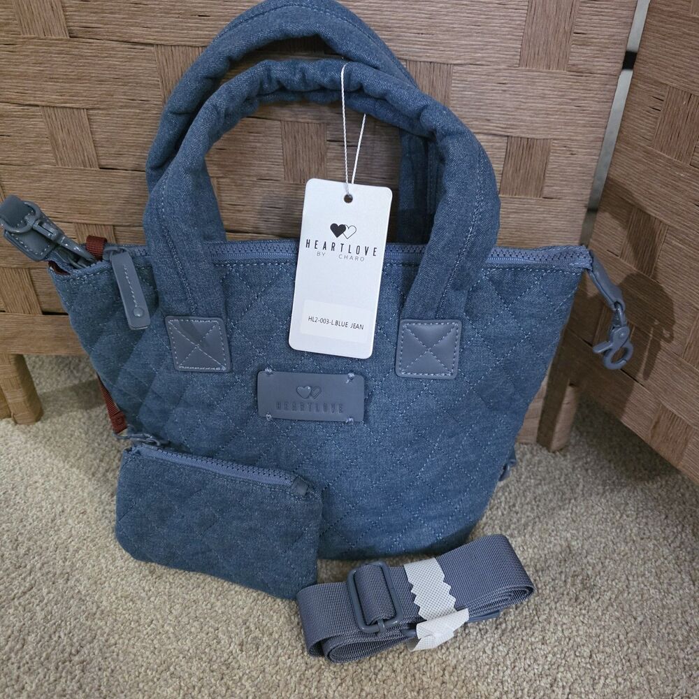 HeartLove by Charo Quilted Blue Denim Tote Zip Detachable Strap w/ Pouch Women